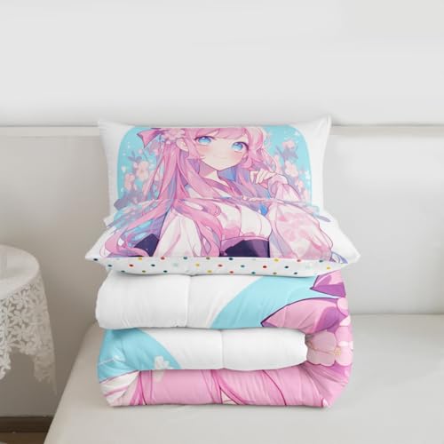 Image of Erosebridal Girls Bedding Japanese Style Comforter Set King, 3D Anime Girl Duvet Insert Cartoon Kawaii Kimono Girl Bedding Comforter Sets Romantic Gifts for Her
