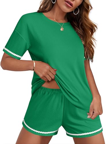 Image of Ekouaer Pajama for Women Sets 2 Piece Ribbed Knit Lounge Sets Pjs Shorts Summer Short Sleeve Sleepwear with Pockets