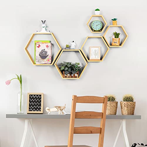 Hexagon Shelves Wall Floating Hexagonal Shelves Set Of 5 Honeycomb Bamboo Shelves Floating Storage Display Shelves For Wall Decor Honey Comb Shelf Farmhouse Hexagon Rack In Living Room Bedroom Study #TOP3