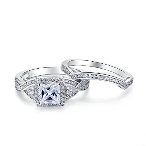 Sterling Silver Engagement Rings for Women with Princess Cut Cubic Zirconia Twisted Shank 2 Pieces Set2