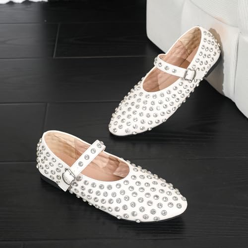 Women's Rhinestone Leather Fashion Mary Jane Flats with Buckle Strap Pointed Toe Non-Slip Lightweight Casual Ballerina Shoes for Fashion Show Traveling Shopping3