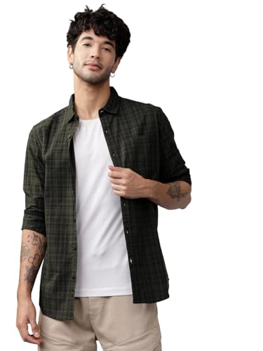 Highlander Men's Polyester Checkered Slim Fit Shirt (HLSH011439_Olive/Black, Medium)
