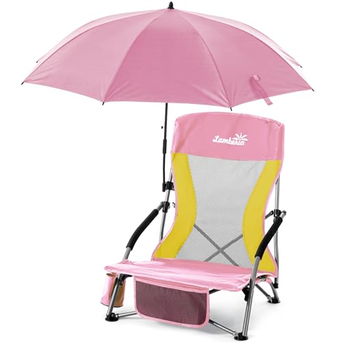 Lamberia Folding Beach Chair with Umbrella for Adults Portable Low Beach Chairs with 300lbs Capacity Lightweight Fodable Camping Chair for Travel Picnic Concert & Outdoor Activities Pink-Yellow
