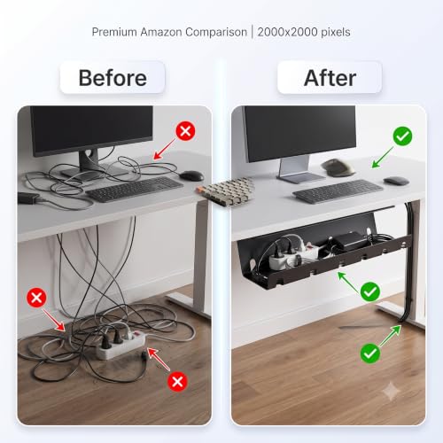 Image of JBM MART Metal Under Desk Cable Management Tray - Screw Mount Wire Organizer for Home Office Table, Holds Extension Board & Cords, Black | Includes 4 Screws & Manual