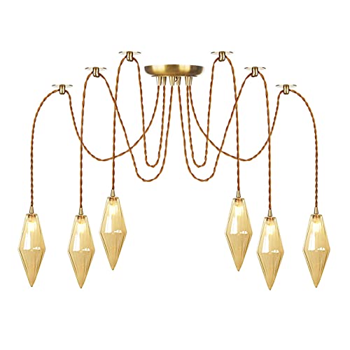 Lustre en cuivre 4 ou 6 lumières avec abat-jour en verre suspendu