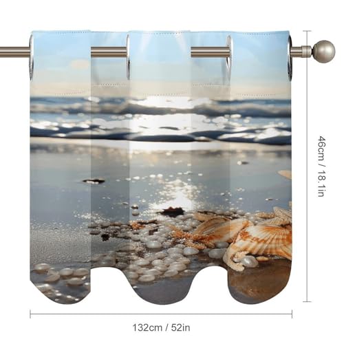 Cortinas opacas cortas con bolsillo para cortinero y estampado de conchas de playa 3