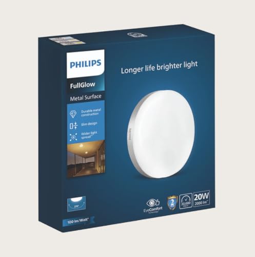 PHILIPS 20W Round LED Surface Light - Full Glow Panel, Metal Body, Warm ...