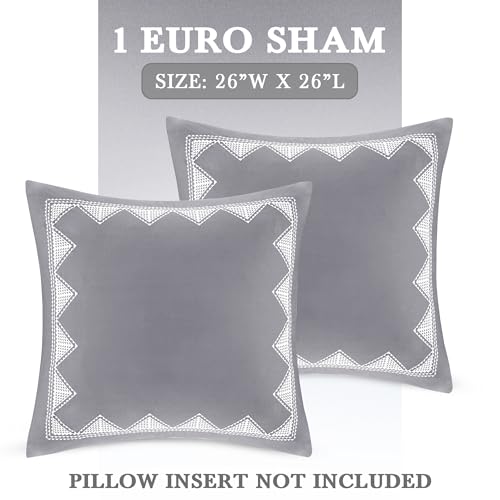 Image of INK+IVY Single 100% Cotton Euro Sham - European Square Decorative Pillow Cover, Hidden Zipper Closure (Pillow Insert NOT Included), Isla, Geometric Gray, 26 inchx26 inch