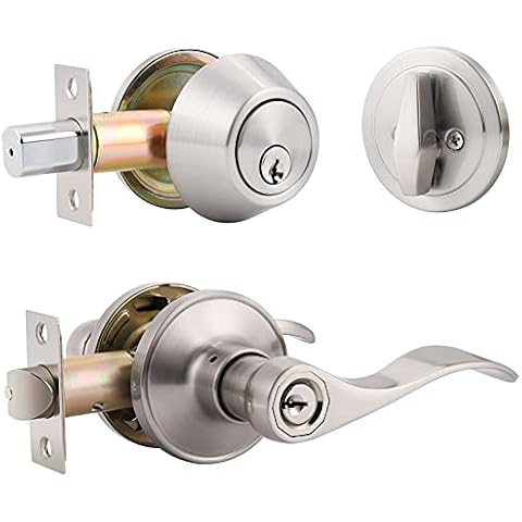 home improvement direct 1 Pack Keyed Entry Door Lock Set, Keyed Alike Single Cylinder Deadbolt with Wave Style Door Handle, Satin Nickel Reversible Leverset for Bedroom, Front Door, Office Cover