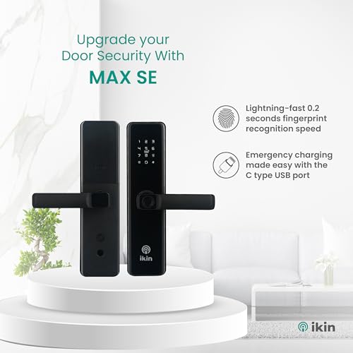 Image of IKIN Smart Door Lock | Digital Lock for Safer Homes | 6- Way Unlocking | Fingerprint | Mobile App | RFID Access | OTP Access | Pincode | Mechanical Key | Wooden Doors (Max SE + WiFi Gateway, Black)