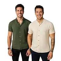 Kit 2 Camisas Masculinas, Gola Padre, Manga Curta, Casual Social, Ajuste Regular, Poliéster (BR, Alfa, M, Regular, Verde e Bege)
