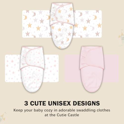 Image of Cute Castle 3-Pack Baby Swaddle Sleep Sacks - Newborn Swaddle Sack - Ergonomic Baby Swaddles Blanket Warp for Boys and Girls - Baby Essentials (0-6 Months - Pink, Moon, Stars)