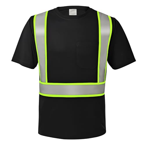 wefeyuv Hi Vis Shirts for Men Quick Dry Safety T Shirts with Pocket and 3 Reflective Strips Short Sleeve Mesh High Visibility Construction Work Class 2 Shirt for Men/Women Black L