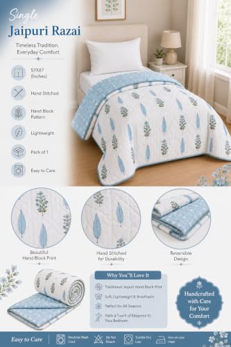 Image of RRC Jaipuri Floral Print Single Bed Razai | White & Green Cotton AC Quilt | Lightweight Jaipuri Rajai | 200 GSM Summer Comforter | Single Bed Quilt Pack of 1