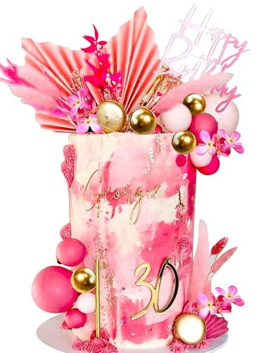 JeVenis decoraciones de la torta de flores de color rosa ramo de palma rosa bolas de oro flores secas decoraciones de pastel de rosas flores secas para pasteles cumpleaños boda