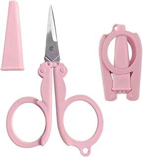 Pastel Mini Folding Scissors with Safety Cap Small Portable Travel Scissors Little Badge Scissors Yarn Shears Kids Tiny Cutter for Cutting, Scrapbooking, Crafting, Sewing,Pink