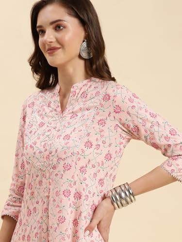 Image of rangita Peach Rayon Calf Length Printed A-line Kurti for Women | Kurta for Women