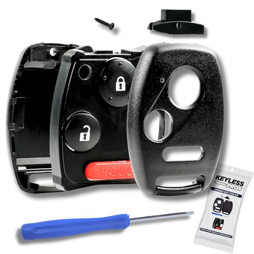 KeylessPros 3-btn Shell Kit & Gut Case, Keyless Entry Remote Key Fob Cover Replacement, fits Honda Civic LX, CR-V, CR-Z, Fit, Insight, Odyssey, Accord, NO Cutting Required