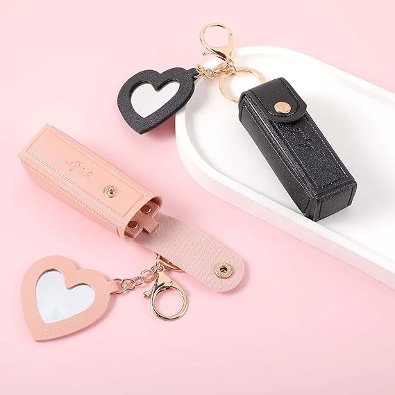Image of Women Lipstick Holder Keychain with Mirror, Soft PU Leather Portable Chapstick Holder Lipstick Pouch with Metal Key Ring for Trave Party Gift (Black-Pink, Free)
