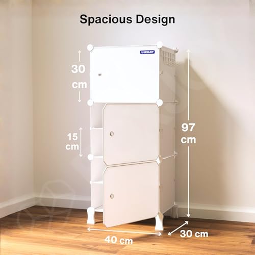 Image of BOXJOY 6 Shelf Shoe Rack with 3 White Doors, 5 Hook Steel Holder & Wooden Hammer, Home Storage PP Plastic Organizer with Metal Door Frame to Cover Chappal Slipper Sandals Shoes Box Stand (White)