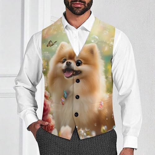 Pomeranian Dog Butterfly Men's Suit Vests Business Formal Dress Vest V-Neck Waistcoat for Wedding Casual2