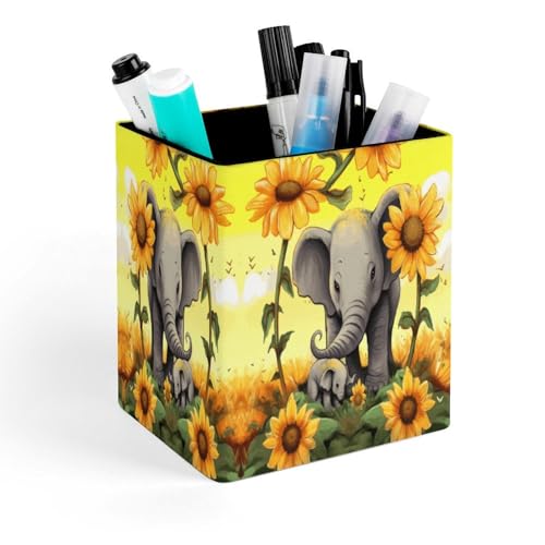 Mother And Baby Elephant Sunflowers Leather Square Pens Pencils Holder Cup Personalized Office Desk Pen Holder Makeup Brush Holder Desktop Organizer Storage Case Stationery for Home Office Supplies