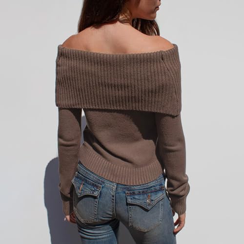 Image of Women Off Shoulder Long Sleeve Sweater Y2K Ribbed Knit Pullover Solid Crop Top Going Out Boat Neck Blouse