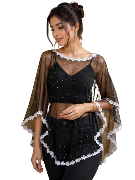 Black Soft Net Poncho Shrug with Diamond Embellishments, White Floral Lace Border, Boat Neck-image-35