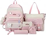 GGWIEAEA 5PCS Kawaii Backpack Set with Cute Pendant Waterproof College Style Suitable for Teenage Girls