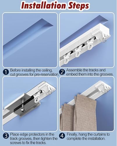 Ultra-Thin 12ft Ceiling Mount Curtain Track Set - Recessed Room Divider Rail, Cuttable Metal Sliding System for Curtains, Ideal for Home & Office Décor