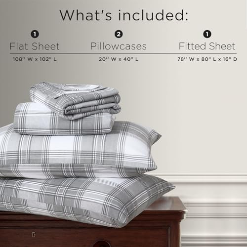 Image of Briarwood Home Printed Flannel Sheet Set, 100% Natural Cotton, Soft, Warm & Deep Pocket, Advanced Nano-Tech Making it Resistance to Pilling; Brushed 6 Times for Softness (Grey Plaid, King)
