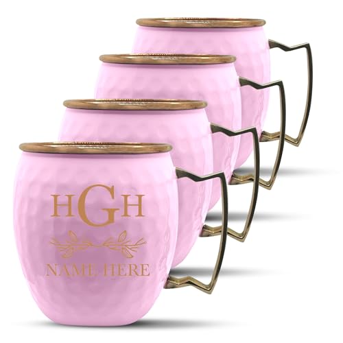 Custom 100% Copper Moscow Mule with Hammered Painted Finish - Engraved Bar Style Copper Cup with Personalized Floral Lines Monogram Themed Engraving, Brass Handle | 18 oz, Pink | Set of 4