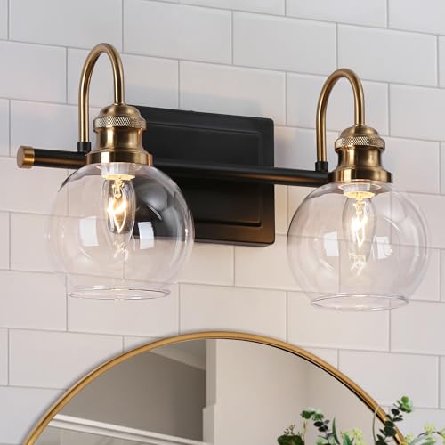 Image of KSANA Black Gold Vanity Light, Modern 2-Light Bathroom Light Fixture with Clear Glass Globes, Electroplating Brass 14.5 inchL Vanity Lighting Over Mirror