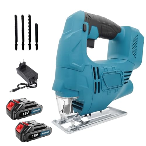 Scie sauteuse sans fil 18 V avec 2 batteries de 3000 mAh et chargeur – Moteur puissant, vitesse variable, lumière LED, fonction onglet (0-45°) et aspiration de la...