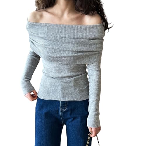 Image of Women Long Sleeve Off The Shoulder Sweater Tops Sexy Shirt Black White Red Cute Ribbed Fiited Blosue