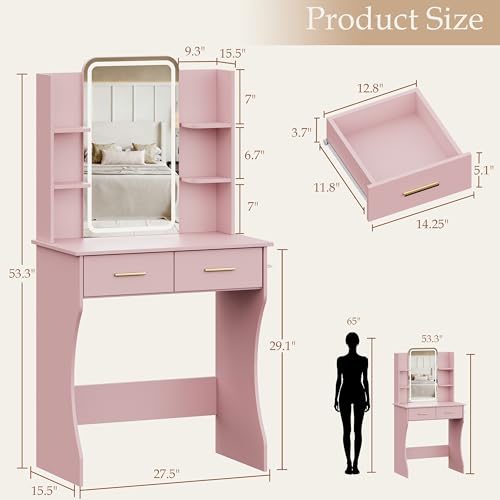 Image of BORNOON Vanity Desk with Mirror and Lights, Small Makeup Vanity Desk with Charging Station, Bedroom Vanity Table with Drawers, Storage Shelves, RGB Ambient Light and Hair Dryer Holder