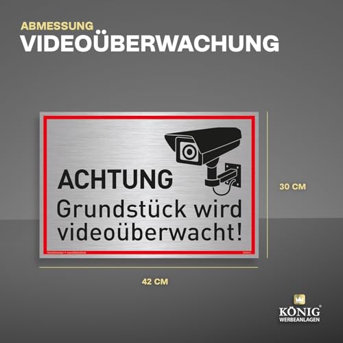 Großes Schild Achtung Grundstück wird videoüberwacht! | Alu 42 x 30 cm | stabiles Alu Schild mit UV-Schutz | silber gebürstet edle Optik | Videoüberwachung Kameraüberwachung Kameraüberwacht | Dreifke®