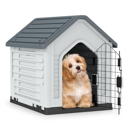 COSTWAY Cuccia per Cani da Esterno ed Interno, Cassetta per Cani Impermeabile con Porta in Metallo Bloccabile e Prese d'aria e Tetto Spiovente, Cucce per Cuccioli per Casa, 66,5 x 52 x 60 cm (Grigio)
