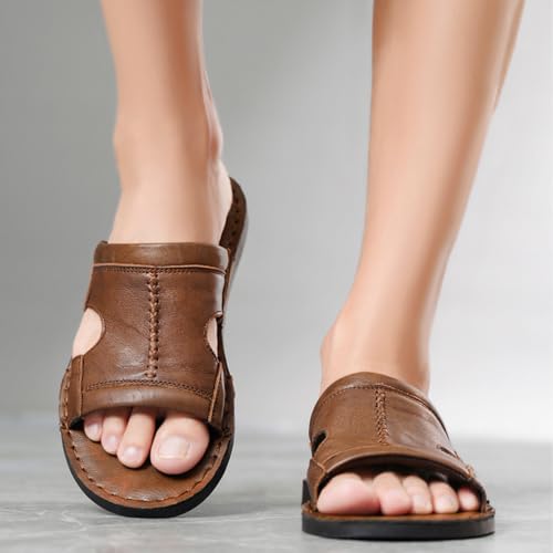 Image of Men's Leather Cutout Slides Sandals Comfortable Lightweight Open Toe Anti-Slip Soft Bottom Slip On Slippers Summer Outdoor Casual Beach Sandals