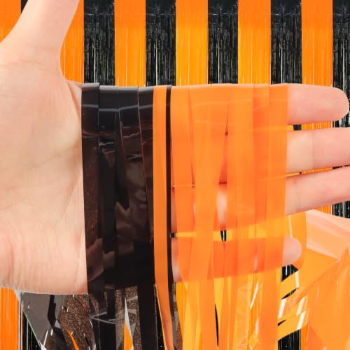 Image of 2 Pack Fringe Curtains Backdrops, Foil Fringe Curtains, Door Streamers for Birthday Wedding Bridal Shower Holiday Graduation Party Decorations Black Orange