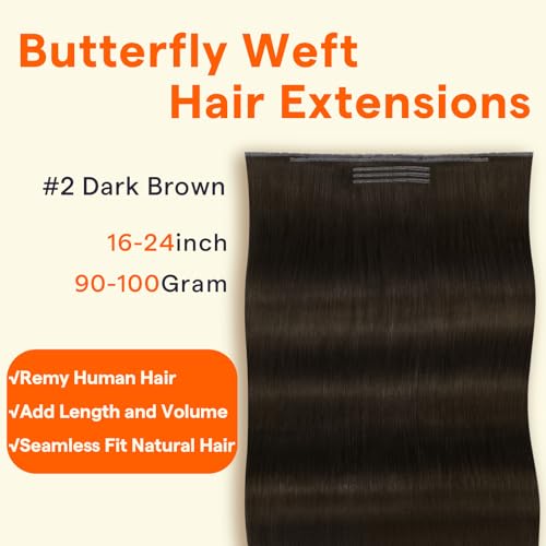 Image of Full Shine Butterfly Weft Hair Extensions 24 Inch 100g 5pcs Dark Brown | Remy Human Hair, Seamless Micro Beads Weft, Beginner Friendly, Photoshoot Hairstyle, Full Length Styling, Easy Wear & Remove