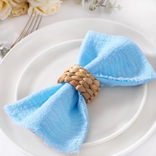 Image of MLMC 6 Pack Baby Blue Cloth Napkins with Fringe Boho Linen Napkins Washable Reusable Rustic Dinner Table Decor 17 inchx17 inch for Wedding Party Bridal Baby Shower Gender Reveal Decor