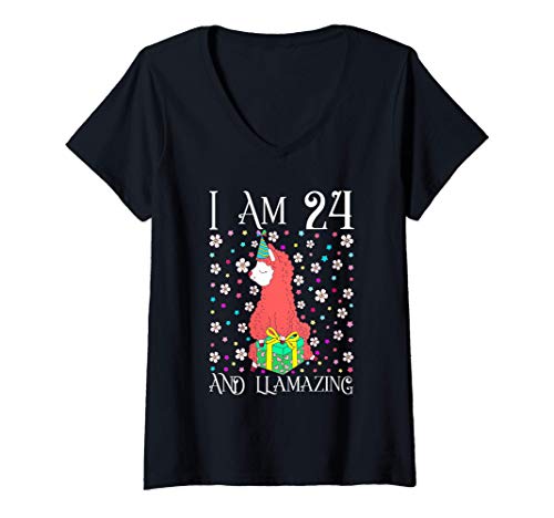 Mujer I'm 24 Llamazing Alpaca Gift Girl Llama Happy 24th Birthday Camiseta Cuello V
