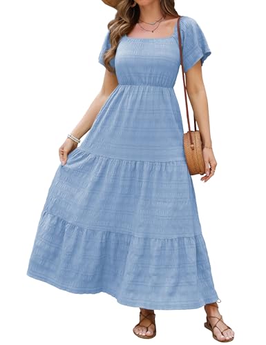 VERABEND Women's Summer Long Beach Dress Short Sleeve Maxi Dresses for Women with Pockets, Light Blue, Medium