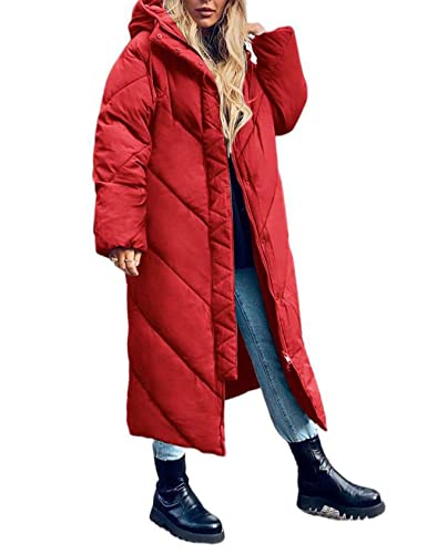 Flygo Womens Long Puffer Coat Long Sleeve Padded Winter Down Coats Hooded Parka Jacket(Red-L)