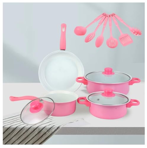 Juego de 12 utensilios de cocina antiadherentes con tapa, ollas de sopa y leche, para entusiastas de la cocina, para todos los fogones (rosa)