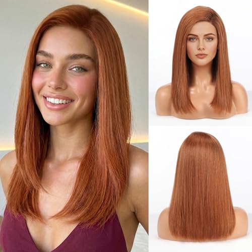 Image of 5x5 Lace Front Wigs for women,Human Hair Blonde Straight Glueless with Free Part & Pre Plucked Natural Hairline 16 Inch（Orange