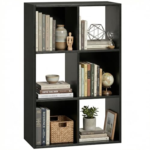 HOMCOM Industrial Style Storage Shelf, Bookcase, Bookshelf with 6 Compartments, Freestanding Shelving Unit for Living Room, Home Study, Black Wood Effect