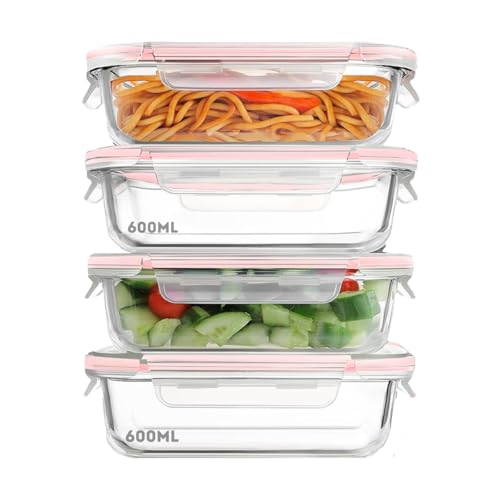 Kit 4 Potes de Vidro Retangular com Tampa Hermética 600ml (Transparente)