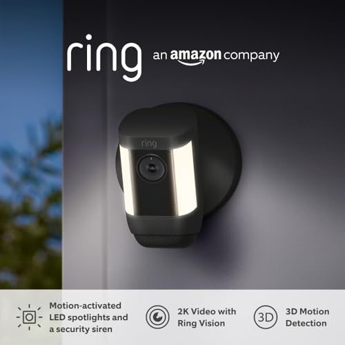 Ring Spotlight Cam Pro Plug-In| Outdoor Security Camera 2K Video with Ring Vision, 3D Motion Detection, Bird's-Eye View, LED Spotlights, alternative to CCTV | 30-day free trial of Ring Home